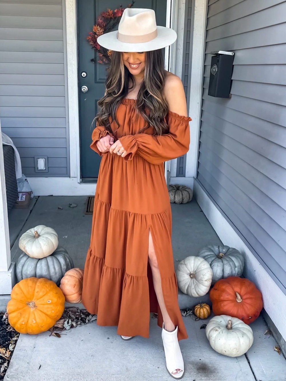 Rust Off-Shoulder Tiered Maxi Dress with Side Slit